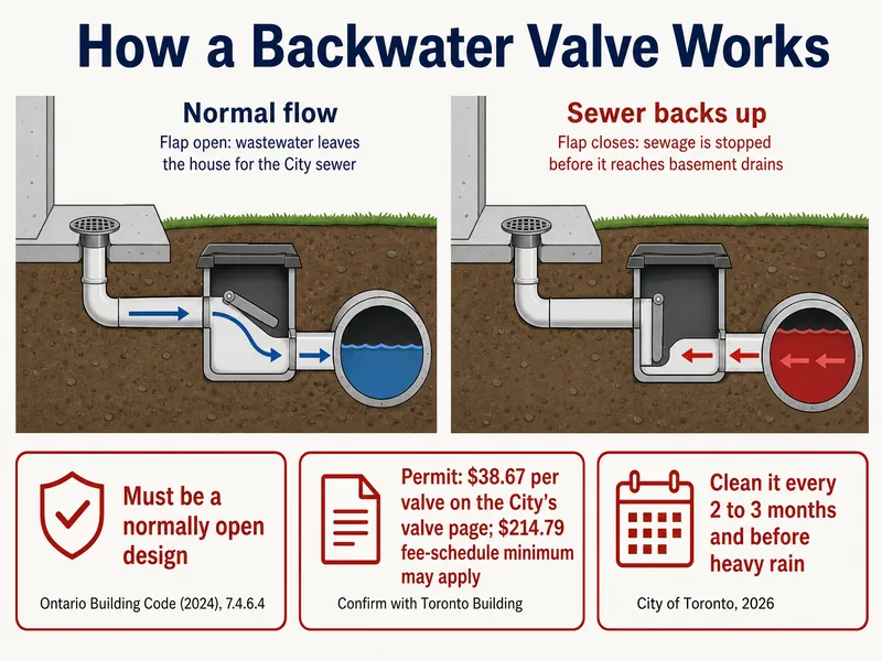 Diagram titled How a Backwater Valve Works. Left panel, Normal flow: flap open, wastewater leaves the house for the City sewer, with blue arrows from the floor drain through the valve to the sewer. Right panel, Sewer backs up: flap closes, sewage is stopped before it reaches basement drains, with red arrows from the full sewer stopping at the closed flap. Fact cards: must be a normally open design (Ontario Building Code 2024, 7.4.6.4); permit card: $38.67 per valve listed on the City's valve page, with a $214.79 fee-schedule minimum that may apply, confirm with Toronto Building; clean it every 2 to 3 months and before heavy rain (City of Toronto, 2026).
