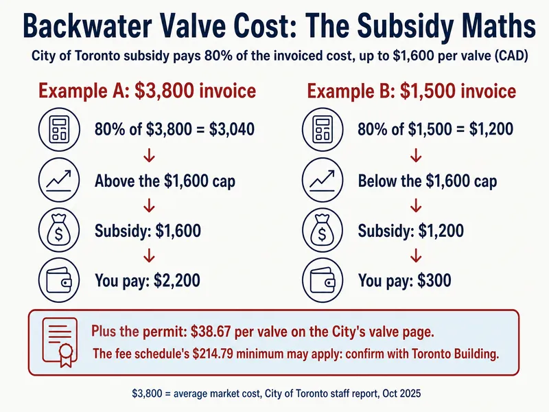 Worked examples titled Backwater Valve Cost: The Subsidy Maths. City of Toronto subsidy pays 80% of the invoice, up to $1,600 per valve (CAD). Example A, $3,800 invoice: 80% of $3,800 = $3,040, above the $1,600 cap, subsidy $1,600, you pay $2,200. Example B, $1,500 invoice: 80% of $1,500 = $1,200, below the $1,600 cap, subsidy $1,200, you pay $300. Plus the permit: $38.67 per valve on the City's valve page; the fee schedule's $214.79 minimum may apply, confirm with Toronto Building. $3,800 = average market cost, City of Toronto staff report, Oct 2025.