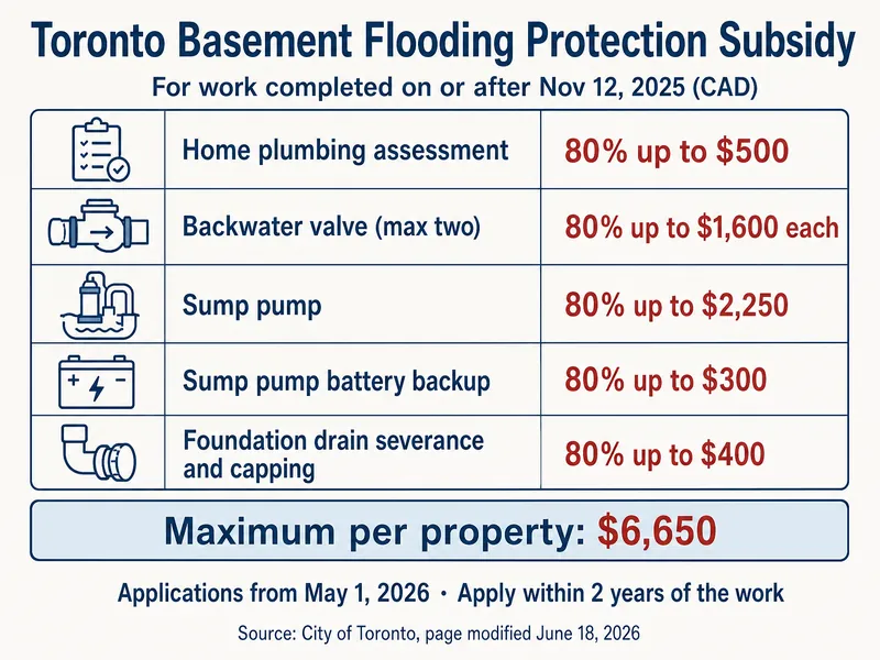 Table titled Toronto Basement Flooding Protection Subsidy, for work completed on or after Nov 12, 2025, in CAD: home plumbing assessment 80% up to $500; backwater valve (max two) 80% up to $1,600 each; sump pump 80% up to $2,250; sump pump battery backup 80% up to $300; foundation drain severance and capping 80% up to $400; maximum per property $6,650. Applications from May 1, 2026; apply within 2 years of the work. Source: City of Toronto, page modified June 18, 2026.