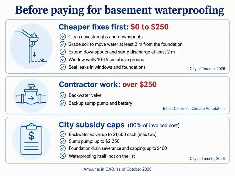 Before paying for basement waterproofing. Cheaper fixes first, $0 to $250 (City of Toronto, 2026): clean eavestroughs and downspouts; grade soil to move water at least 2 m from the foundation; extend downspouts and sump discharge at least 2 m; window wells 10-15 cm above ground; seal leaks in windows and foundations. Contractor work over $250 (Intact Centre on Climate Adaptation): backwater valve; backup sump pump and battery. City subsidy caps at 80% of invoiced cost: backwater valve up to $1,600 each (max two); sump pump up to $2,250; foundation drain severance and capping up to $400; waterproofing itself not on the list. Amounts in CAD, as of October 2026.