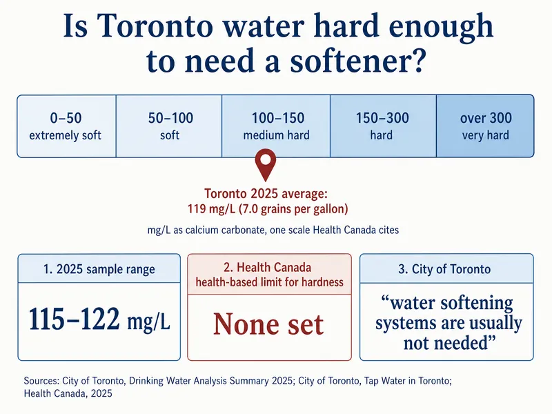 A five-band hardness scale cited by Health Canada: 0 to 50 extremely soft, 50 to 100 soft, 100 to 150 medium hard, 150 to 300 hard, over 300 very hard, mg/L as calcium carbonate. A marker shows the Toronto 2025 average of 119 mg/L (7.0 grains per gallon) in the medium hard band. Panels: 2025 sample range 115 to 122 mg/L; Health Canada health-based limit for hardness: none set; City of Toronto: water softening systems are usually not needed. Credits: City of Toronto 2025 analysis and tap water page; Health Canada, 2025.