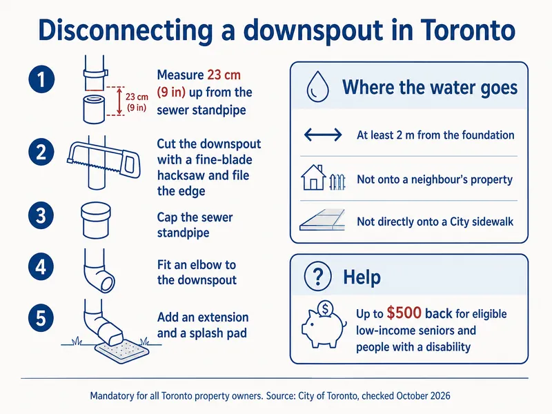 Disconnecting a downspout in Toronto. Five steps: 1 measure 23 cm (9 in) up from the sewer standpipe; 2 cut the downspout with a fine-blade hacksaw and file the edge; 3 cap the sewer standpipe; 4 fit an elbow to the downspout; 5 add an extension and a splash pad. Where the water goes: at least 2 m from the foundation, not onto a neighbour's property, not directly onto a City sidewalk. Help: up to $500 back for eligible low-income seniors and people with a disability. Mandatory for all Toronto property owners. Source: City of Toronto, checked October 2026.