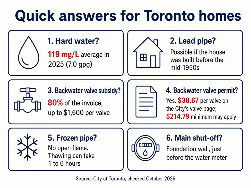 Quick answers for Toronto homes: hard water, 119 mg/L average in 2025 (7.0 gpg); lead pipe, a possibility in houses older than the mid-1950s; backwater valve subsidy, 80% of the invoice up to $1,600 per valve; backwater valve permit, yes, $38.67 a valve per the City's valve page, $214.79 minimum may apply; frozen pipe, no open flame and thawing can take 1 to 6 hours; main shut-off, on the foundation wall just before the water meter. Source: City of Toronto, checked October 2026.