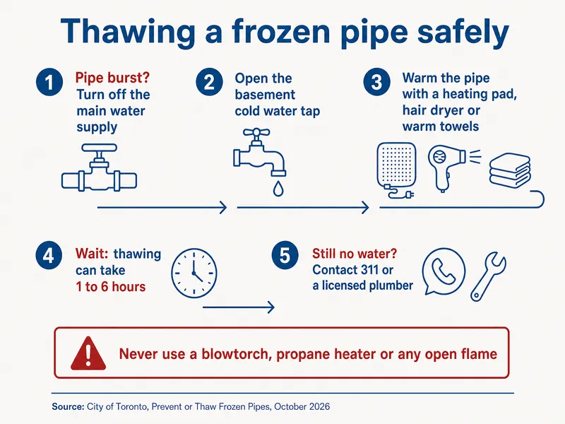 Thawing a frozen pipe safely, in five steps: 1 pipe burst? Turn off the main water supply; 2 open the basement cold water tap; 3 warm the pipe with a heating pad, hair dryer or warm towels; 4 wait, thawing can take 1 to 6 hours; 5 still no water? Contact 311 or a licensed plumber. Warning box: never use a blowtorch, propane heater or any open flame. Footer credit reads: Source, City of Toronto: "Prevent or Thaw Frozen Pipes", October 2026.