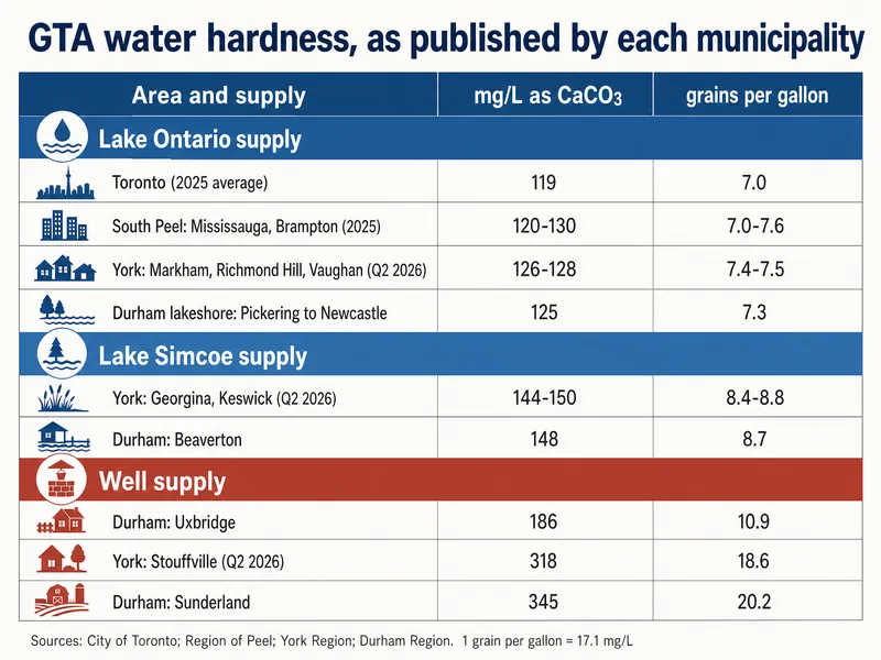 Infographic titled GTA water hardness, as published by each municipality, a table with columns for area and supply, mg/L as CaCO3 and grains per gallon. Lake Ontario supply: Toronto 2025 average 119, 7.0; South Peel, Mississauga and Brampton 2025, 120-130, 7.0-7.6; York, Markham, Richmond Hill and Vaughan Q2 2026, 126-128, 7.4-7.5; Durham lakeshore, Pickering to Newcastle, 125, 7.3. Lake Simcoe supply: York, Georgina and Keswick Q2 2026, 144-150, 8.4-8.8; Durham, Beaverton, 148, 8.7. Well supply: Durham, Uxbridge, 186, 10.9; York, Stouffville Q2 2026, 318, 18.6; Durham, Sunderland, 345, 20.2. Sources: City of Toronto, Region of Peel, York Region and Durham Region; 1 grain per gallon equals 17.1 mg/L.