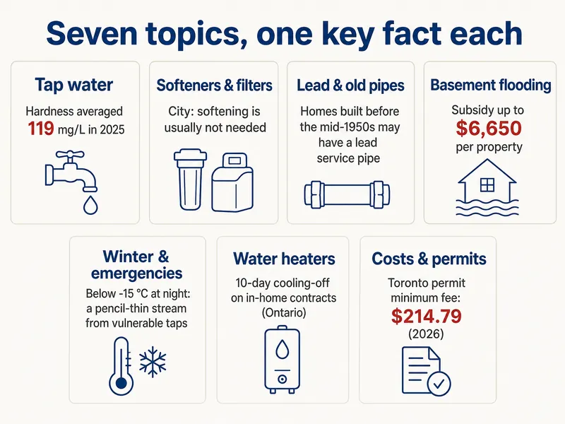 Seven topics, one key fact each: tap water, hardness averaged 119 mg/L in 2025; softeners and filters, softening is usually unnecessary per the City; lead and old pipes, homes built before the mid-1950s may have a lead service pipe; basement flooding, subsidy up to $6,650 per property; winter and emergencies, below −15 °C at night let vulnerable taps run in a pencil-thin stream; water heaters, 10-day cooling-off on in-home contracts in Ontario; costs and permits, Toronto permit minimum fee $214.79 in 2026.