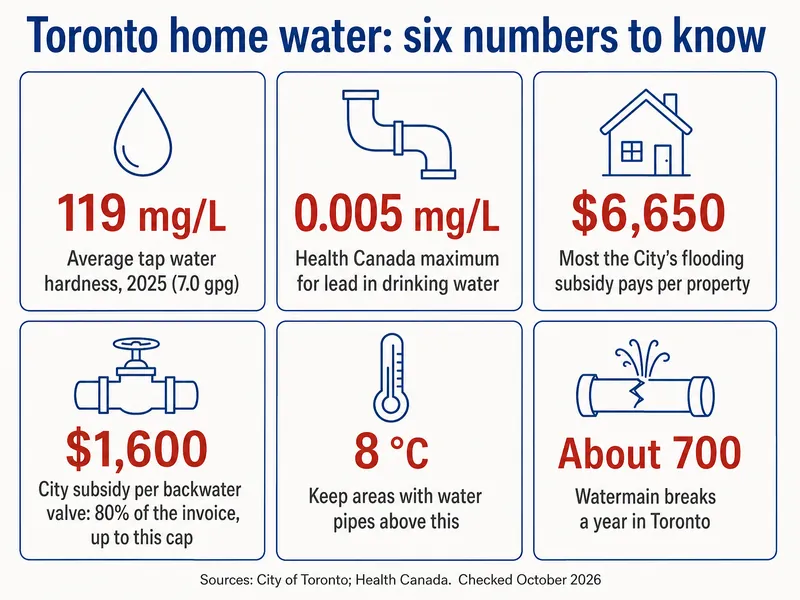 Toronto home water, six numbers to know: 119 mg/L average tap water hardness in 2025 (7.0 gpg); 0.005 mg/L Health Canada maximum for lead in drinking water; $6,650 the most the City's flooding subsidy pays per property; $1,600 City subsidy per backwater valve, 80% of the invoice up to this cap; 8 °C, keep areas with water pipes above this; about 700 watermain breaks a year in Toronto. Sources: City of Toronto and Health Canada, checked October 2026.