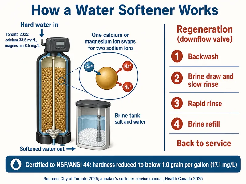Cutaway of a water softener: hard water in at the top of the resin tank, with Toronto 2025 levels of calcium 33.5 mg/L and magnesium 8.5 mg/L; resin beads take in one calcium or magnesium ion and release two sodium ions; softened water out; a brine tank holding salt and water. Regeneration cycle for a downflow valve: 1 backwash, 2 brine draw and slow rinse, 3 rapid rinse, 4 brine refill, then back to service. Certified to NSF/ANSI 44: must reduce hardness to below 1.0 grain per gallon (17.1 mg/L). Credits: City of Toronto 2025, a maker's softener service manual, Health Canada 2025.
