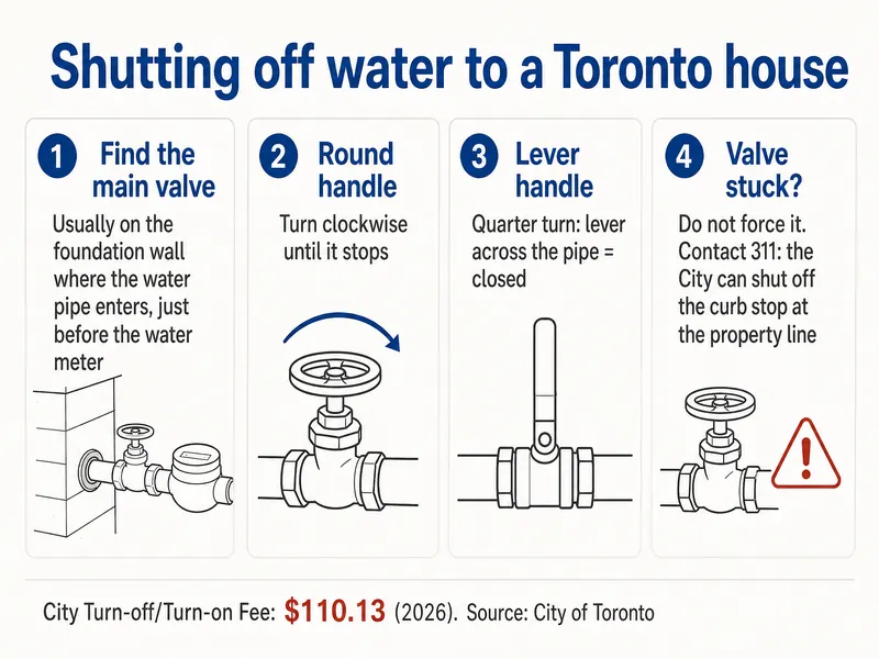 Four steps to shut off water to a Toronto house: find the main valve, usually on the foundation wall where the water pipe enters, just before the water meter; turn a round handle clockwise until it stops; a lever handle takes a quarter turn and is closed when it lies across the pipe; if the valve is stuck, do not force it, contact 311 and the City can shut off the curb stop at the property line. City Turn-off/Turn-on Fee $110.13 (2026), source City of Toronto.