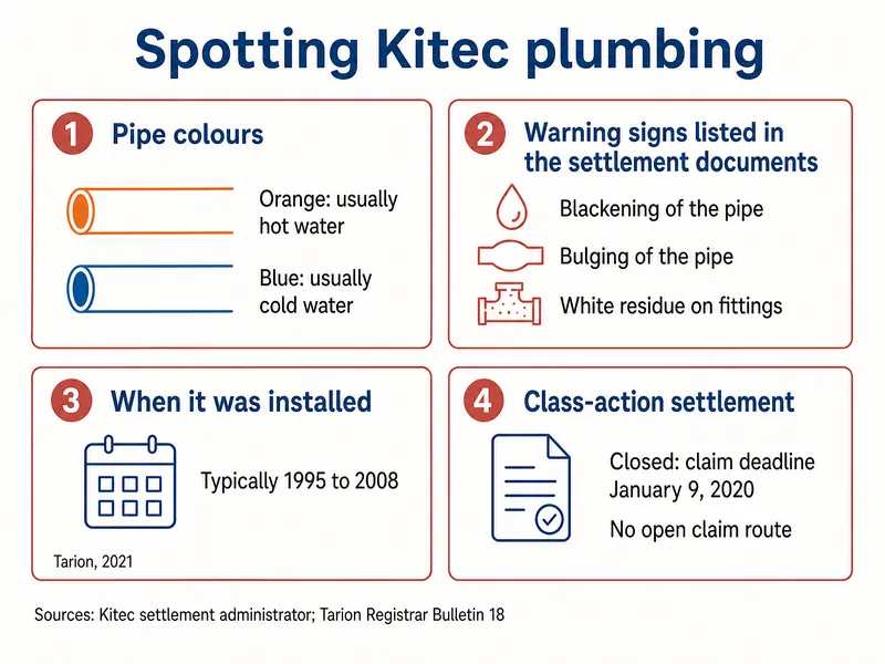 Infographic titled Spotting Kitec plumbing with four panels: pipe colours, orange usually hot water and blue usually cold water; warning signs listed in the settlement documents, blackening of the pipe, bulging of the pipe and white residue on fittings; typically installed 1995 to 2008 according to Tarion, 2021; class-action settlement closed with a claim deadline of January 9, 2020 and no open claim route. Sources: Kitec settlement administrator and Tarion Registrar Bulletin 18.