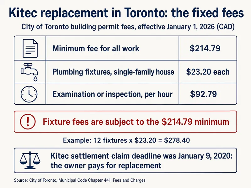 Infographic titled Kitec replacement in Toronto: the fixed fees, City of Toronto building permit fees effective January 1, 2026 in CAD: minimum fee for all work $214.79; plumbing fixtures in a single-family house $23.20 each; examination or inspection $92.79 per hour. Note: fixture fees are subject to the $214.79 minimum; example, 12 fixtures x $23.20 = $278.40. The Kitec settlement claim deadline was January 9, 2020, so the owner pays for replacement. Source: City of Toronto, Municipal Code Chapter 441, Fees and Charges.