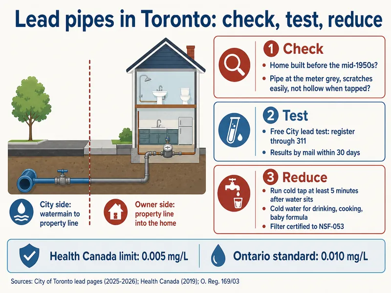 Infographic titled Lead pipes in Toronto: check, test, reduce. A house and street cutaway shows the service pipe split at a dashed property line, labelled City side: watermain to property line, and Owner side: property line into the home. Three panels: 1 Check, home built before the mid-1950s, pipe at the meter grey, scratches easily, not hollow when tapped; 2 Test, free City lead test, register through 311, results by mail within 30 days; 3 Reduce, run cold tap at least 5 minutes after water sits, cold water for drinking, cooking and baby formula, filter certified to NSF-053. A bottom strip reads Health Canada limit 0.005 mg/L and Ontario standard 0.010 mg/L. Sources: City of Toronto lead pages (2025-2026), Health Canada (2019), O. Reg. 169/03.