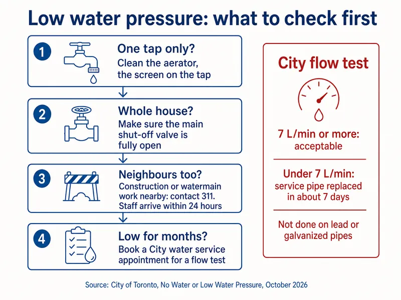 Infographic titled Low water pressure: what to check first, a four-step flowchart: 1, one tap only? Clean the aerator, the screen on the tap; 2, whole house? Make sure the main shut-off valve is fully open; 3, neighbours too? Construction or watermain work nearby, contact 311, staff arrive within 24 hours; 4, low for months? Book a City water service appointment for a flow test. Side panel, City flow test: 7 L/min or more acceptable; under 7 L/min the service pipe is replaced in about 7 days; not done on lead or galvanized pipes. Source: City of Toronto, No Water or Low Water Pressure, October 2026.