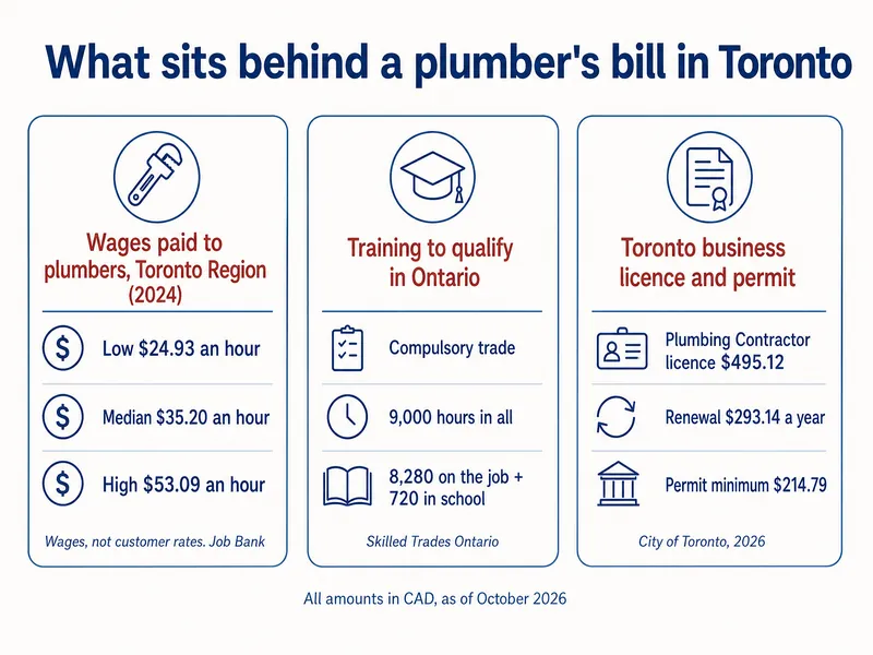 Infographic titled What sits behind a plumber's bill in Toronto with three panels. Wages paid to plumbers, Toronto Region (2024): low $24.93 an hour, median $35.20 an hour, high $53.09 an hour; wages, not customer rates, from Job Bank. Training to qualify in Ontario: compulsory trade, 9,000 hours in all, 8,280 on the job plus 720 in school, from Skilled Trades Ontario. Toronto business licence and permit: Plumbing Contractor licence $495.12, renewal $293.14 a year, permit minimum $214.79, City of Toronto 2026. All amounts in CAD, as of October 2026.