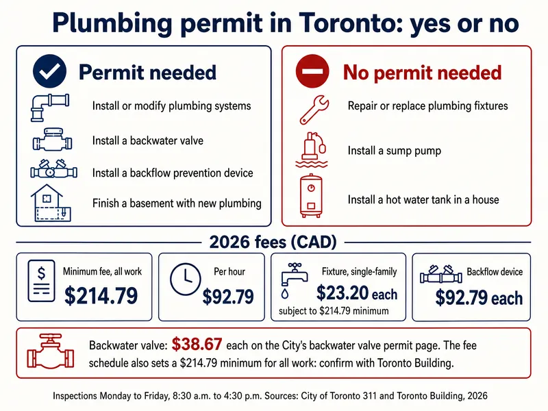Infographic titled Plumbing permit in Toronto: yes or no. Permit needed: install or modify plumbing systems; install a backwater valve; install a backflow prevention device; finish a basement with new plumbing. No permit needed: repair or replace plumbing fixtures; install a sump pump; install a hot water tank in a house. 2026 fees in CAD: minimum fee, all work, $214.79; per hour $92.79; fixture, single-family, $23.20 each, subject to $214.79 minimum; backflow device $92.79 each. Backwater valve: $38.67 each on the City's backwater valve permit page; the fee schedule also sets a $214.79 minimum for all work, confirm with Toronto Building. Inspections Monday to Friday, 8:30 a.m. to 4:30 p.m. Sources: City of Toronto 311 and Toronto Building, 2026.