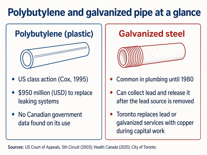 Infographic titled Polybutylene and galvanized pipe at a glance. Polybutylene (plastic): US class action (Cox, 1995); $950 million USD to replace leaking systems; no Canadian government data found on its use. Galvanized steel: common in plumbing until 1980; can collect lead and release it after the lead source is removed; Toronto replaces lead or galvanized services with copper during capital work. Sources: US Court of Appeals, 5th Circuit (2003); Health Canada (2025); City of Toronto.
