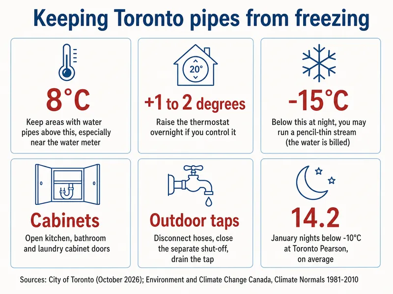 Keeping Toronto pipes from freezing, six panels: 8°C panel, telling readers to hold areas that contain water pipes above this, especially near the water meter; +1 to 2 degrees, raise the thermostat overnight if you control it (icon shows a thermostat dial); -15°C panel, saying a pencil-thin stream may be run on nights below this (the water is billed); cabinets, open kitchen, bathroom and laundry cabinet doors; outdoor taps, disconnect hoses, close the separate shut-off, drain the tap; 14.2 January nights below -10°C at Toronto Pearson, on average. Sources: City of Toronto (October 2026); Environment and Climate Change Canada, Climate Normals 1981-2010.