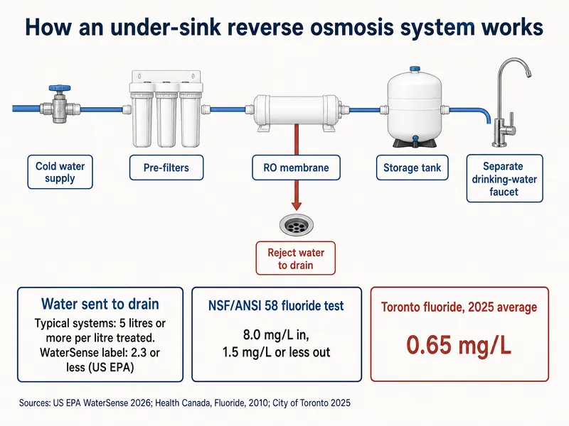 How an under-sink reverse osmosis system works: cold water supply, pre-filters, RO membrane, storage tank and a separate drinking-water faucet, with reject water from the membrane going to the drain. Water sent to drain: typical systems 5 litres or more per litre treated; WaterSense label 2.3 or less (US EPA). NSF/ANSI 58 fluoride test: 8.0 mg/L in, 1.5 mg/L or less out. Toronto fluoride, 2025 average: 0.65 mg/L. Credits: US EPA WaterSense 2026; Health Canada, Fluoride, 2010; City of Toronto 2025.