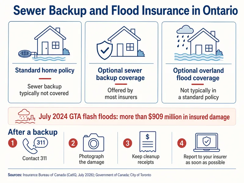 Panels titled Sewer Backup and Flood Insurance in Ontario. Standard home policy: sewer backup typically not covered. Optional sewer backup coverage: offered by most insurers. Optional overland flood coverage: not typically in a standard policy. Band: July 2024 GTA flash floods, more than $909 million in insured damage. After a backup: 1 contact 311; 2 photograph the damage; 3 keep cleanup receipts; 4 report to your insurer as soon as possible. Sources: Insurance Bureau of Canada (CatIQ, July 2026); Government of Canada; City of Toronto.