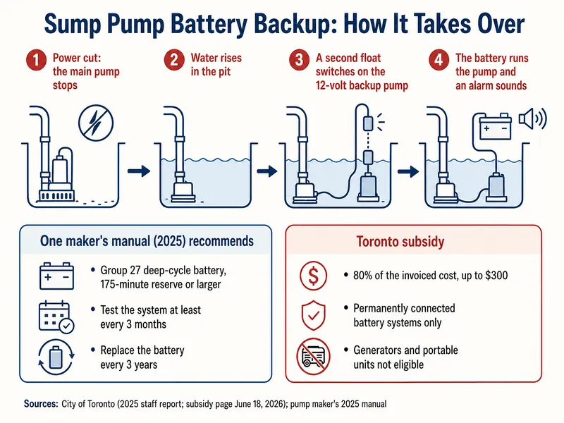 Diagram titled Sump Pump Battery Backup: How It Takes Over. Four steps: 1 power cut, the main pump stops; 2 water rises in the pit; 3 a second float switches on the 12-volt backup pump; 4 the battery runs the pump and an alarm sounds. Panel, one maker's manual (2025) recommends: group 27 deep-cycle battery, 175-minute reserve or larger; test the system at least every 3 months; replace the battery every 3 years. Panel, Toronto subsidy: 80% of the invoiced cost, up to $300; permanently connected battery systems only; generators and portable units not eligible. Sources: City of Toronto (2025 staff report; subsidy page June 18, 2026); pump maker's 2025 manual.