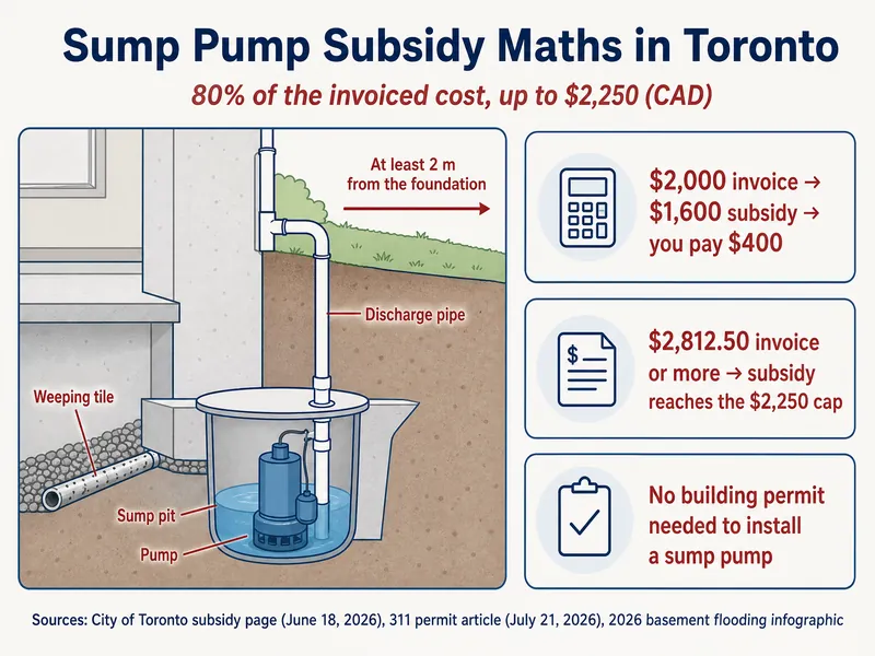 Diagram titled Sump Pump Subsidy Maths in Toronto: 80% of the invoiced cost, up to $2,250 (CAD). A labelled cutaway shows weeping tile, sump pit, pump and discharge pipe, with an arrow on the lawn reading at least 2 m from the foundation. Cards: $2,000 invoice gives $1,600 subsidy, you pay $400; a $2,812.50 invoice or more reaches the $2,250 cap; no building permit needed to install a sump pump. Sources: City of Toronto subsidy page (June 18, 2026), 311 permit article (July 21, 2026), 2026 basement flooding infographic.