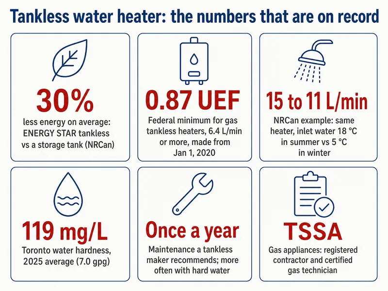 Tankless water heater numbers on record: 30% less energy on average for an ENERGY STAR tankless heater than a storage tank (NRCan); 0.87 UEF federal minimum for gas tankless heaters at 6.4 L/min or more made from January 1, 2020; NRCan example of the same heater giving 15 L/min with 18 °C summer inlet water and about 11 L/min with 5 °C winter water; Toronto water hardness 119 mg/L, 2025 average (7.0 gpg); once a year, the maintenance a tankless maker recommends, more often with hard water; TSSA, gas appliances need a registered contractor and certified gas technician.