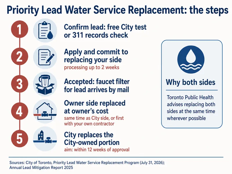 Infographic titled Priority Lead Water Service Replacement: the steps, with five numbered steps: 1 confirm lead, free City test or 311 records check; 2 apply and commit to replacing your side, processing up to 2 weeks; 3 accepted, faucet filter for lead arrives by mail; 4 owner side replaced at owner's cost, same time as City side, or first with your own contractor; 5 City replaces the City-owned portion, aim within 12 weeks of approval. A side panel titled Why both sides reads Toronto Public Health advises replacing both sides at the same time wherever possible. Sources: City of Toronto, Priority Lead Water Service Replacement Program (July 31, 2026) and Annual Lead Mitigation Report 2025.