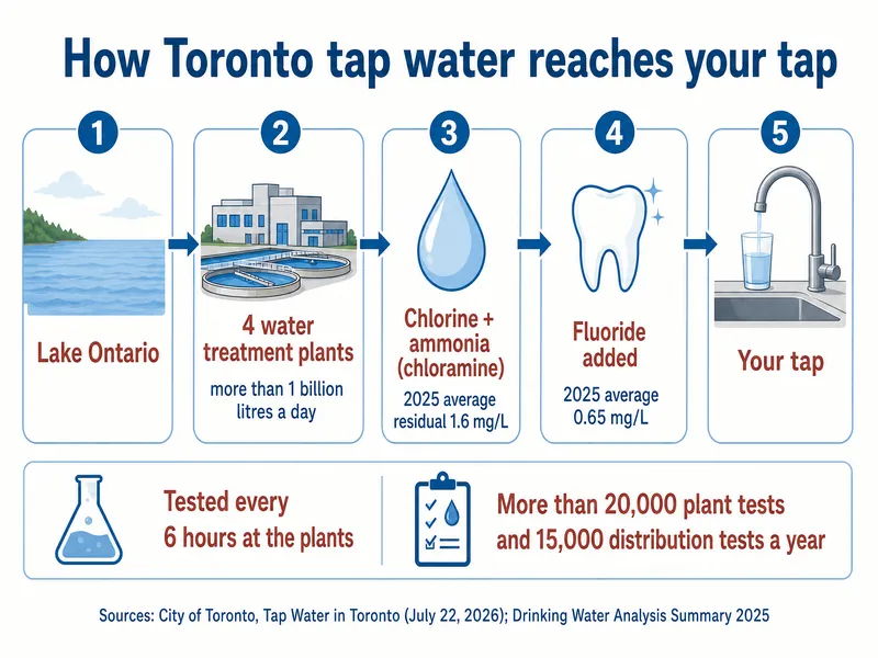 Infographic titled How Toronto tap water reaches your tap, showing five steps: 1 Lake Ontario; 2 four water treatment plants, more than 1 billion litres a day; 3 chlorine plus ammonia (chloramine), 2025 average residual 1.6 mg/L; 4 fluoride added, 2025 average 0.65 mg/L; 5 your tap. A strip below reads tested every 6 hours at the plants, and more than 20,000 plant tests and 15,000 distribution tests a year. Sources: City of Toronto, Tap Water in Toronto (July 22, 2026) and Drinking Water Analysis Summary 2025.