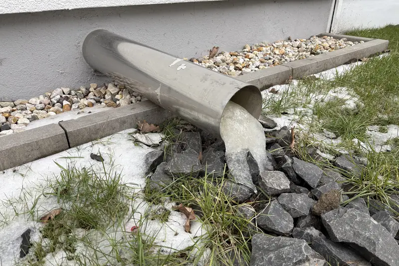 A downspout outlet beside a house clogged solid with ice