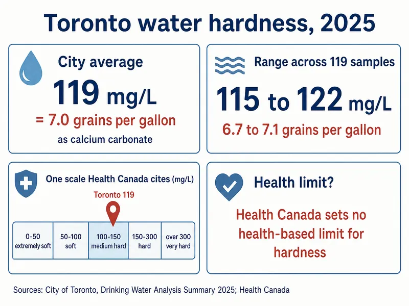 Infographic titled Toronto water hardness, 2025, with four panels: city average 119 mg/L, equal to 7.0 grains per gallon as calcium carbonate; range across 119 samples 115 to 122 mg/L, 6.7 to 7.1 grains per gallon; the scale Health Canada cites, from 0-50 extremely soft, 50-100 soft, 100-150 medium hard, 150-300 hard to over 300 very hard, with Toronto 119 marked in the medium hard band; and a panel asking Health limit? that answers Health Canada sets no health-based limit for hardness. Source line credits the City of Toronto 2025 summary and Health Canada.