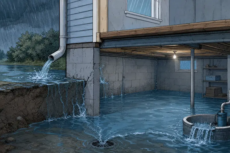 Drawing of a storm-flooded basement