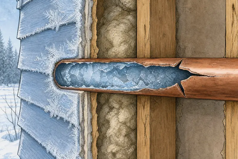 Drawing of a copper water pipe inside an exterior wall, packed with ice and split along its length