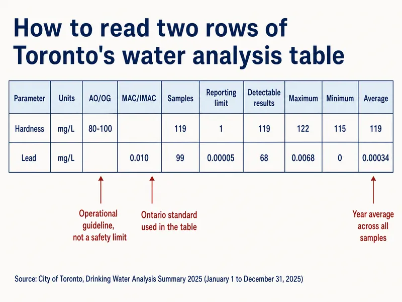 Infographic titled How to read two rows of Toronto's water analysis table, showing a ten-column table with the headers Parameter, Units, AO/OG, MAC/IMAC, Samples, Reporting limit, Detectable results, Maximum, Minimum and Average. The hardness row reads mg/L, 80-100, blank, 119, 1, 119, 122, 115, 119. The lead row reads mg/L, blank, 0.010, 99, 0.00005, 68, 0.0068, 0, 0.00034. Callouts say the AO/OG column is an operational guideline, not a safety limit; the MAC/IMAC column is the Ontario standard used in the table; and Average is the year average across all samples. Source: City of Toronto, Drinking Water Analysis Summary 2025, January 1 to December 31, 2025.