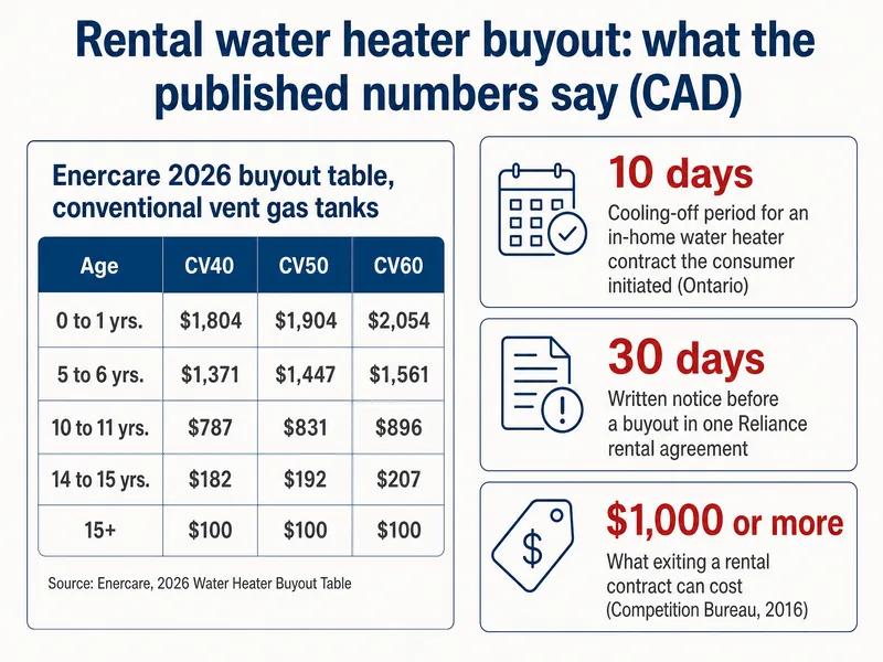 Rental water heater buyout figures in CAD. Enercare 2026 buyout table for conventional vent gas tanks: 0 to 1 years CV40 $1,804, CV50 $1,904, CV60 $2,054; 5 to 6 years $1,371, $1,447, $1,561; 10 to 11 years $787, $831, $896; 14 to 15 years $182, $192, $207; 15+ years $100 each. Fact cards: 10 days cooling-off period for an in-home water heater contract the consumer initiated in Ontario; 30 days written notice before a buyout in one Reliance rental agreement; exiting a rental contract can cost $1,000 or more (Competition Bureau, 2016).