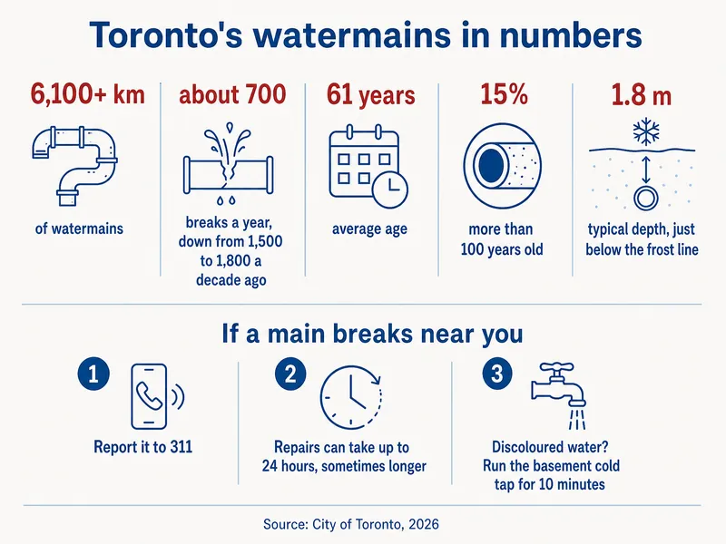 Toronto's watermains in numbers: 6,100+ km of watermains; about 700 breaks a year, the panel noting this is down from 1,500 to 1,800 per year a decade ago; 61 years average age; 15% more than 100 years old; 1.8 m typical depth, just below the frost line. If a main breaks near you: 1 report it to 311; 2 repairs can take up to 24 hours, sometimes longer; 3 discoloured water? Run the basement cold tap for 10 minutes. Source: City of Toronto, 2026.