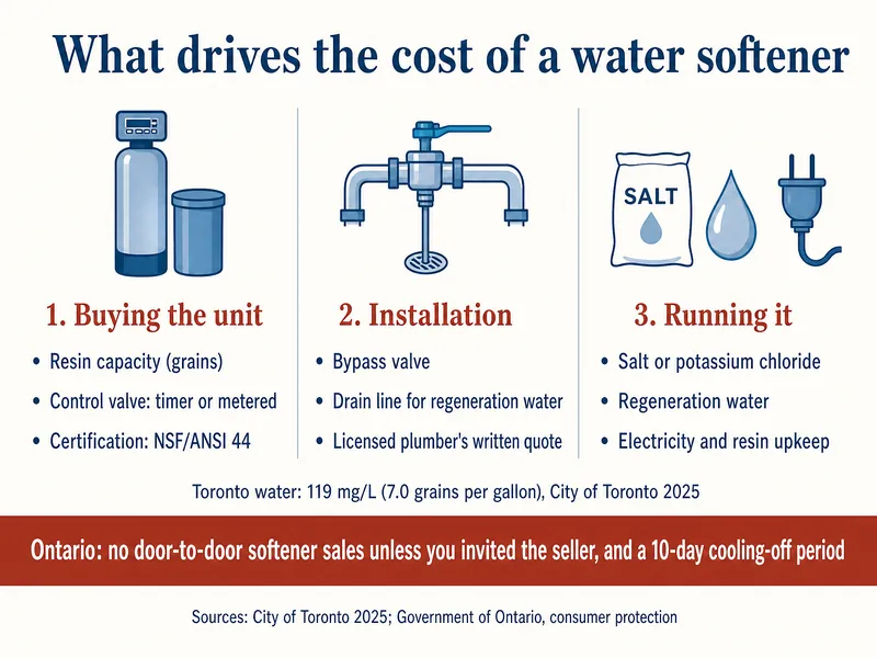 What drives the cost of a water softener, in three columns. 1. Buying the unit: resin capacity in grains, control valve timer or metered, certification NSF/ANSI 44. 2. Installation: bypass valve, drain line for regeneration water, licensed plumber's written quote. 3. Running it: salt or potassium chloride, regeneration water, electricity and resin upkeep. Also shown: Toronto water at 119 mg/L, or 7.0 grains per gallon (City, 2025). Banner: Ontario bars door-to-door softener sales unless you invited the seller, with a 10-day cooling-off period. Credits: City of Toronto 2025; Government of Ontario consumer protection.