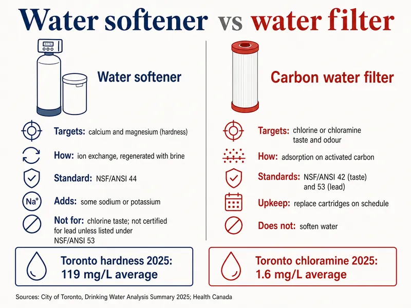 Side-by-side comparison. Water softener: targets calcium and magnesium (hardness); works by ion exchange, regenerated with brine; standard NSF/ANSI 44; adds some sodium or potassium; not for chlorine taste, and not certified for lead unless listed under NSF/ANSI 53. Carbon water filter: targets chlorine or chloramine taste and odour; works by adsorption on activated carbon; standards NSF/ANSI 42 for taste and 53 for lead; cartridges replaced on schedule; does not soften water. Toronto 2025: hardness 119 mg/L average, chloramine 1.6 mg/L average. Credits: City of Toronto 2025 drinking water results, Health Canada.