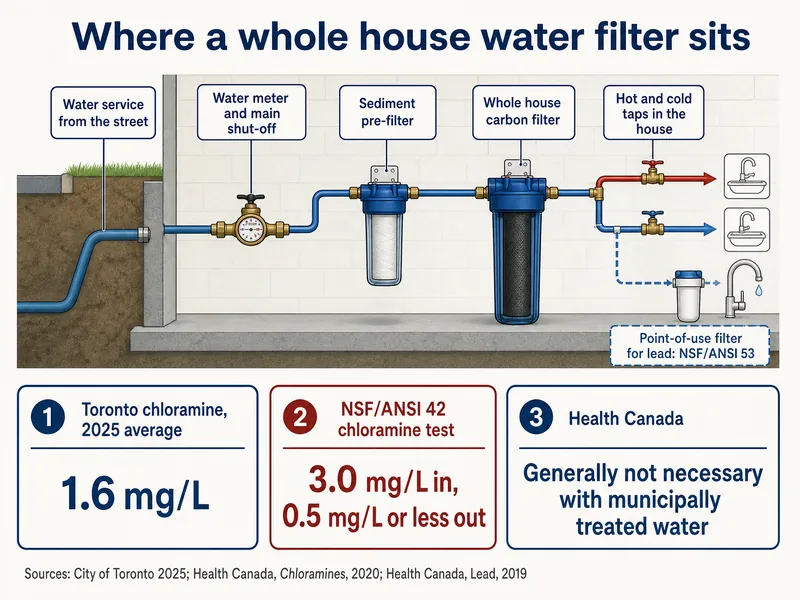 Where a whole house water filter sits on a basement water line: water service from the street, then the water meter and main shut-off, then a sediment pre-filter, then a whole house carbon filter, then hot and cold taps in the house. A dashed branch leads to a point-of-use filter for lead at the kitchen tap, NSF/ANSI 53. Toronto chloramine 2025 average: 1.6 mg/L. NSF/ANSI 42 chloramine test: 3.0 mg/L in, 0.5 mg/L or less out. Health Canada: generally not necessary with municipally treated water. Credits: City of Toronto 2025; Health Canada, Chloramines 2020; Health Canada, Lead 2019.